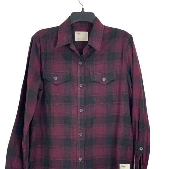 Tilley Womens Long-Sleeve Plaid Button-Up Shirt SZ L Cotton Blend BurgundY Black - Picture 3 of 11